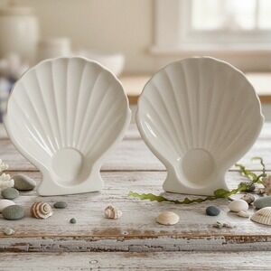 Hall Pottery Off-White Ribbed Shell Snack Plates #1522, Set of 2, Vtg Tableware
